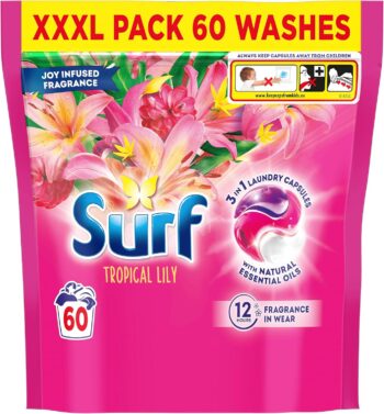 Value 3 Pack Surf Tropical Lily 3 in 1 Laundry Capsules (60 Washes Each) | Long‑Lasting 12 Hour Fresh Fragrance Washing Detergent for Household Use